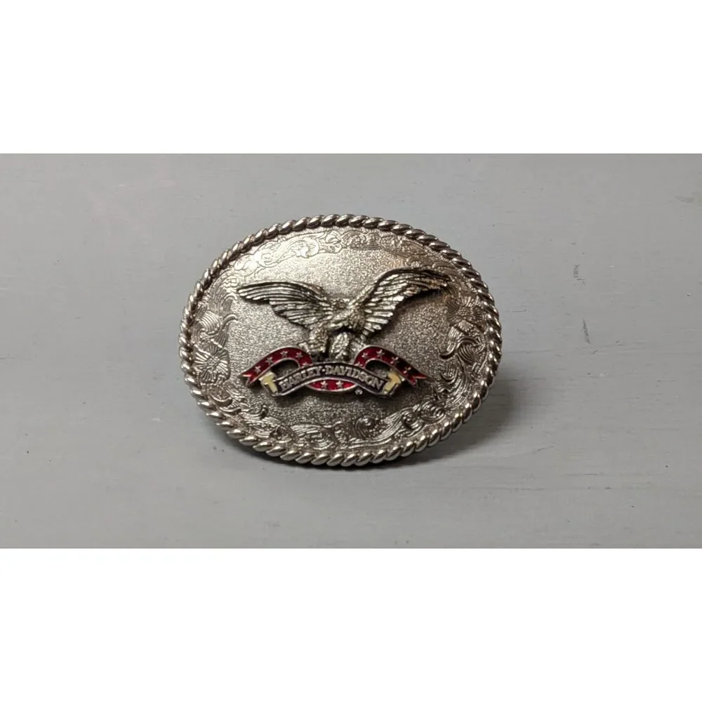 Vintage Harley-Davidson Eagle Enamel Banner Oval Belt Buckle Silver Tone USA